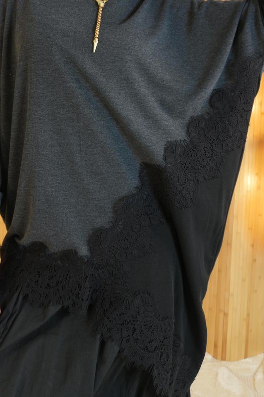 Elena Knit Slant Lace Top Charcoal